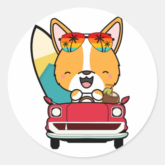 Sticker Rond Funny Corgi Dog conduit à la plage (Devant)