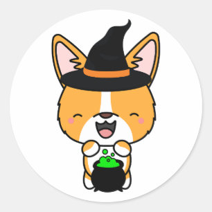 Sticker Rond Funny corgi dog est une sorcière