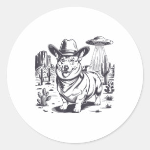 Sticker Rond Funny Corgi Ufo Western Cowboy Vintage 90s 80s