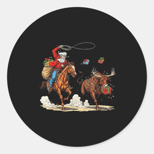 Sticker Rond Funny Cowboy Santa Christmas Holiday Western Style (Devant)