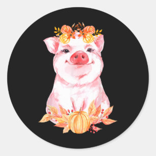 Sticker Rond Funny Cute Cochon Floral Automne Automne ferme Ani