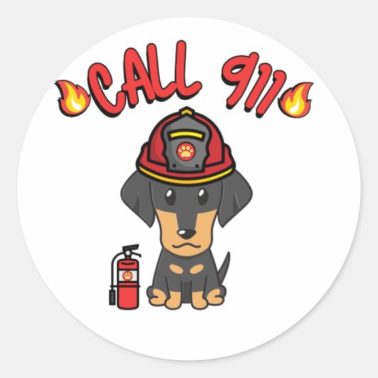 Sticker Rond Funny Dachshund chien est pompier (Devant)