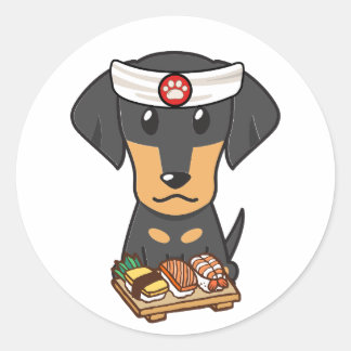 Sticker Rond Funny dachshund dog est un chef sushi