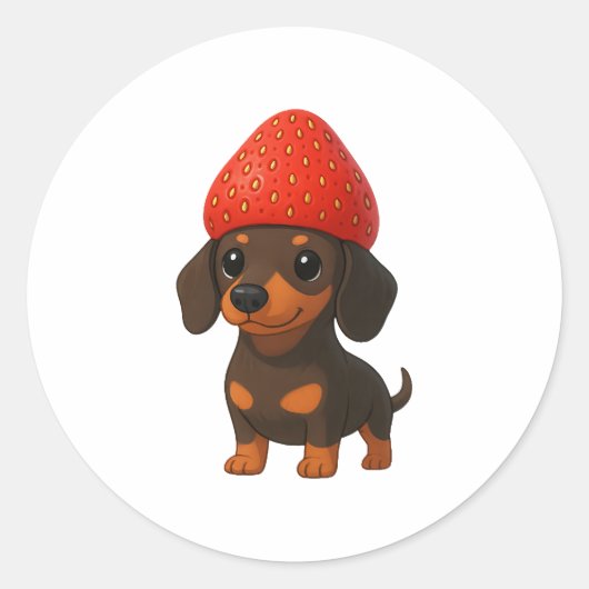Sticker Rond Funny dachshund with strawberries and hat fruity (Devant)