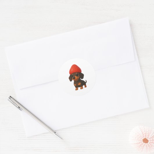 Sticker Rond Funny dachshund with strawberries and hat fruity (Enveloppe)