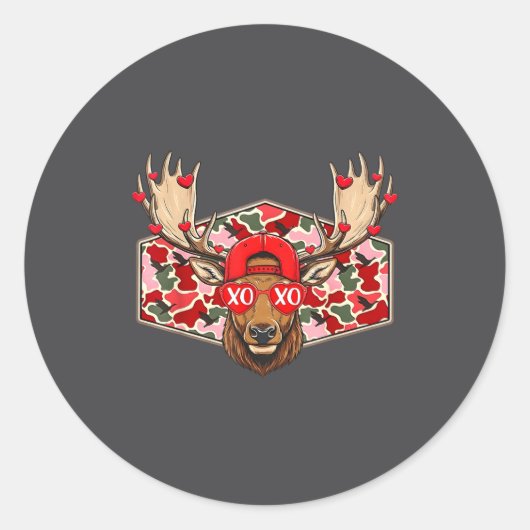 Sticker Rond Funny Deer Hunting Buck Camo Valentines Day Men Wo (Devant)