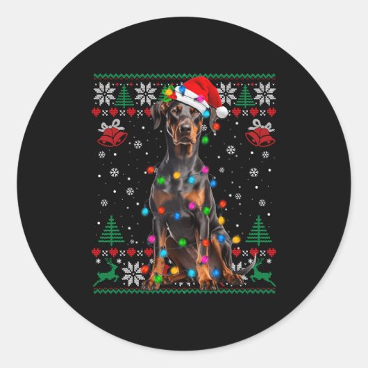 Sticker Rond Funny Doberman Christmas Santa Hat Dog Ugly Sweate (Devant)