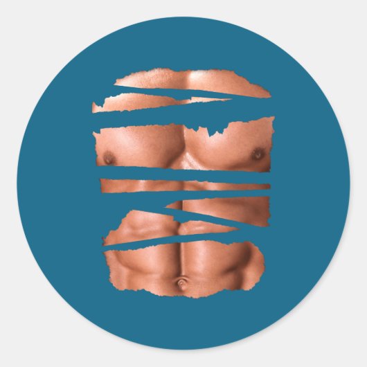 Sticker Rond Funny Fake Muscles Fitness Model Chest Six Pack Ab (Devant)