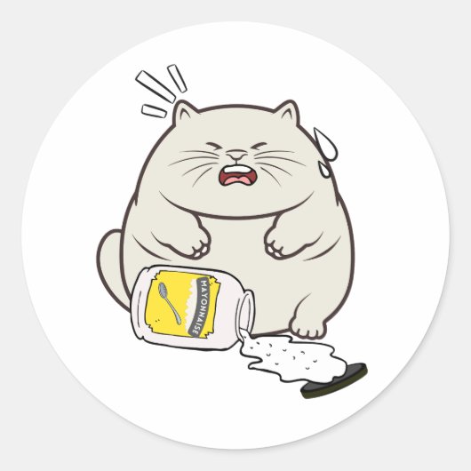 Sticker Rond Funny Fat Cat déversé mayonnaise (Devant)