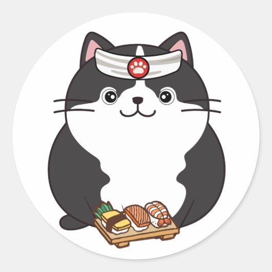 Sticker Rond Funny Fat cat est un chef sushi (Devant)