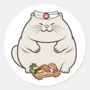 Sticker Rond Funny Fat cat est un chef sushi