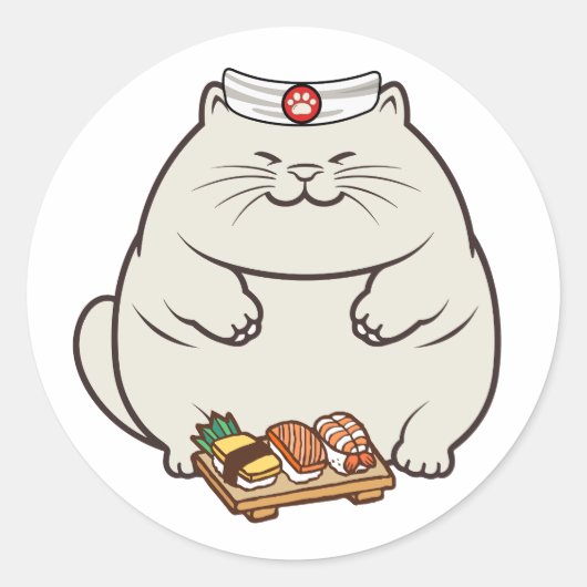 Sticker Rond Funny Fat cat est un chef sushi (Devant)
