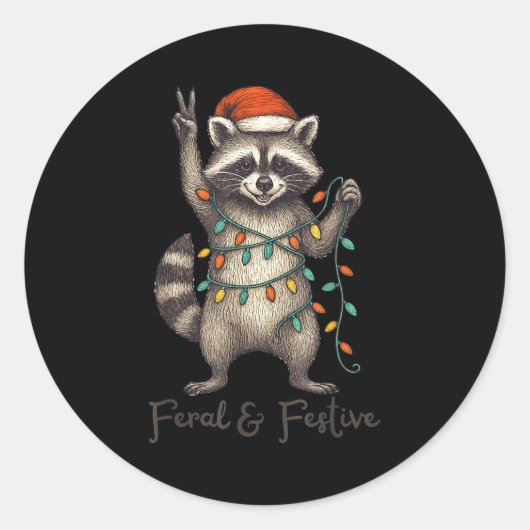 Sticker Rond Funny Feral And Festive Raccoon Santa Hat Retro Ch (Devant)