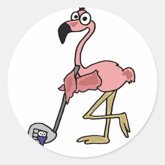 Sticker Rond Funny Flamant rose rose Art de golf (Devant)