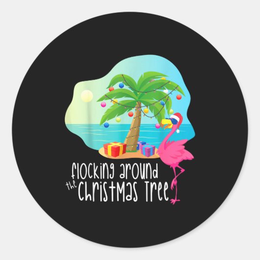 Sticker Rond Funny Flamingo Flocking Around The Christmas Tree (Devant)
