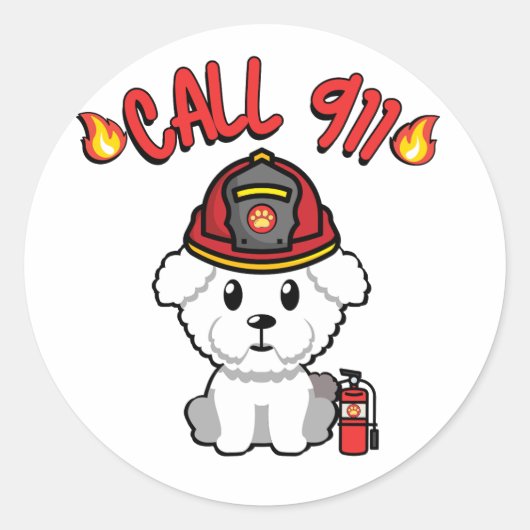 Sticker Rond Funny Fluffy dog est un pompier (Devant)