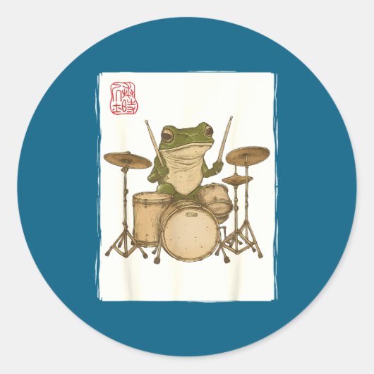 Sticker Rond Funny Frog Drum Rock Music Kawaii Japanese  (Devant)