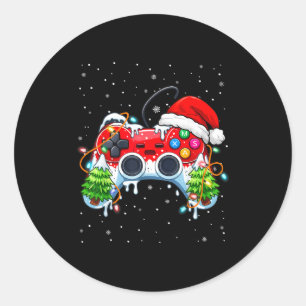 Sticker Rond Funny Gamer Noël Chapeau de Père Noël Contrôle de