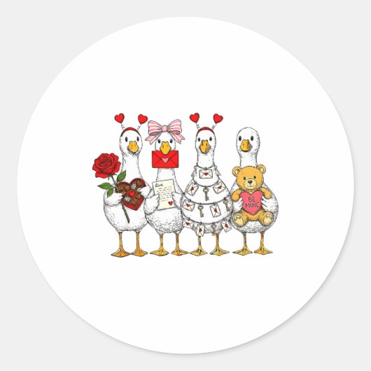 Sticker Rond Funny Goose Happy Valentine Goose Cute Heart Lover (Devant)