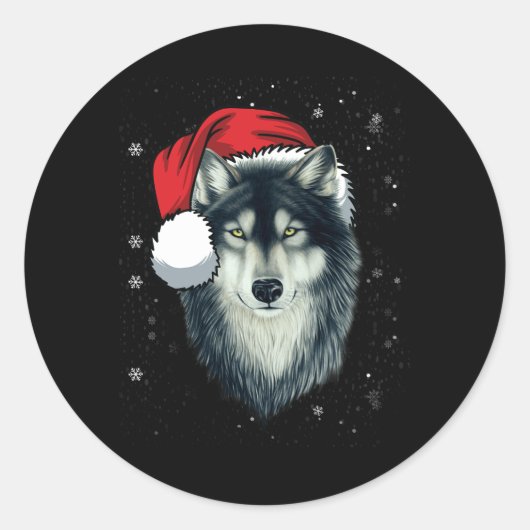Sticker Rond Funny Gray Wolf Noël Santa Hat Wolves (Devant)
