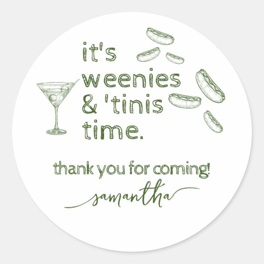 Sticker Rond Funny Green Weenies & Tinis Martini fête d'anniver (Devant)