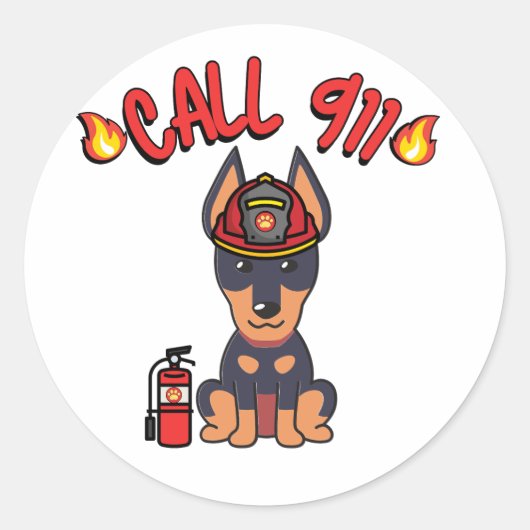 Sticker Rond Funny Guard chien est pompier (Devant)