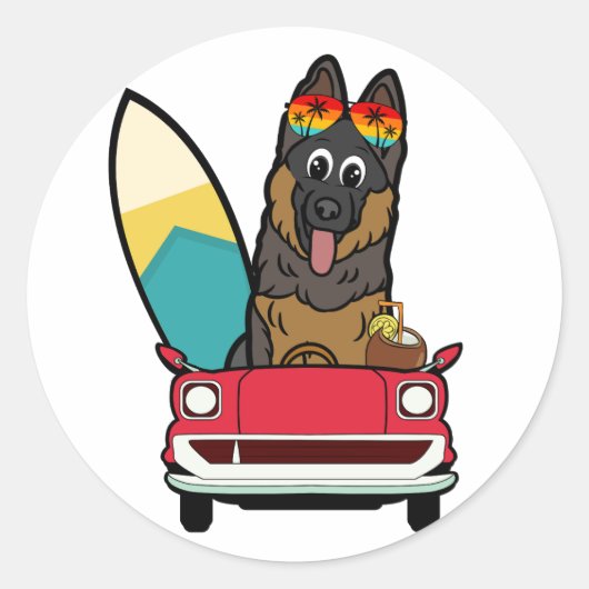 Sticker Rond Funny Guard Dog conduit à la plage (Devant)