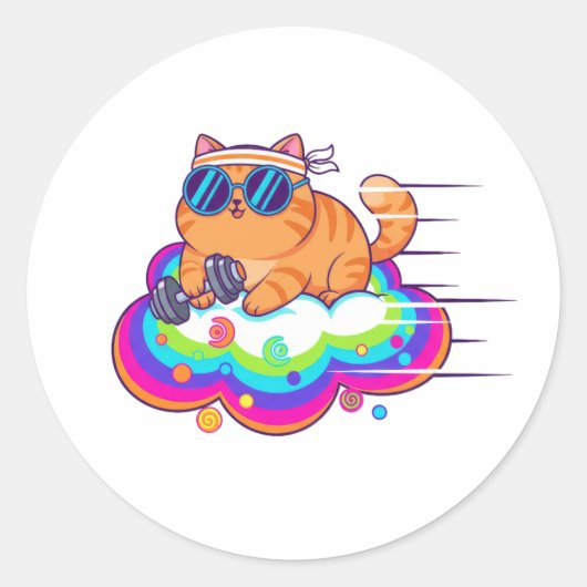 Sticker Rond Funny Gym Cat Lifting Dumbbell on Rainbow Cloud (Devant)
