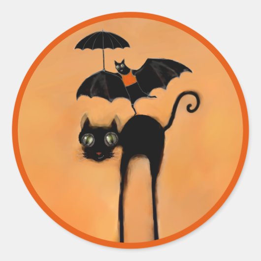 Sticker Rond Funny Halloween Black Cat and Bat (Devant)