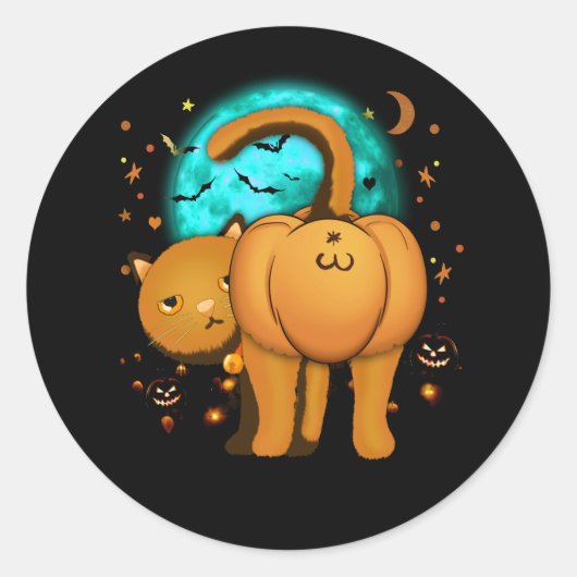 Sticker Rond Funny Halloween Chat Butt Citrouille Orange Tabby (Devant)