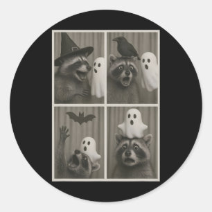 Sticker Rond Funny Halloween Party Raccoon Photo Cabine Design