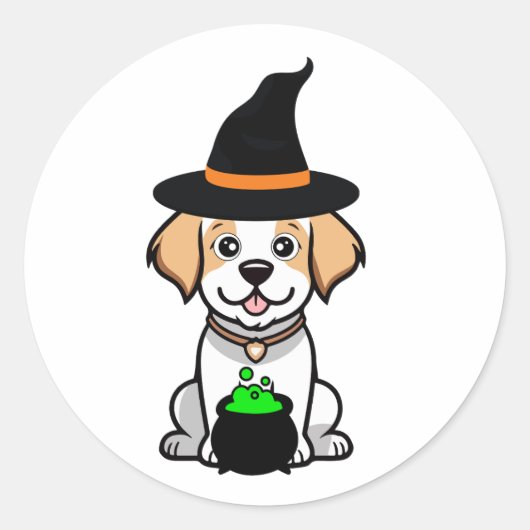 Sticker Rond Funny Happy dog est une sorcière (Devant)