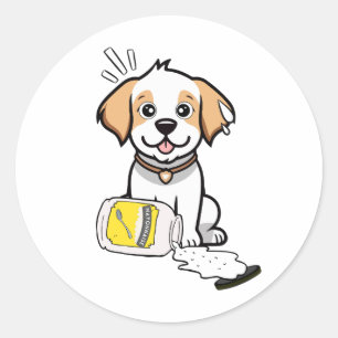 Sticker Rond Funny Happy dog renversé mayonnaise