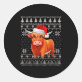 Sticker Rond Funny Highland Cow Ugly Christmas Sweater Santa Xm (Devant)