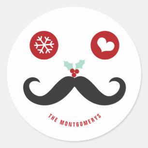 Sticker Rond Funny Holiday Moustache Face Mistletoe Noël