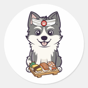 Sticker Rond Funny husky dog est un chef sushi
