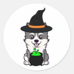 Sticker Rond Funny husky dog est une sorcière
