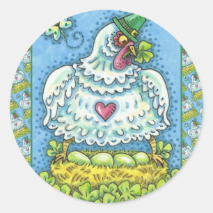 STICKER ROND FUNNY IRISH HEN, OEUFS VERTS ET SHAMROCK CUIT