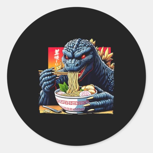 Sticker Rond Funny Kaiju Eating Ramen Japanese Monster Lover Bi (Devant)