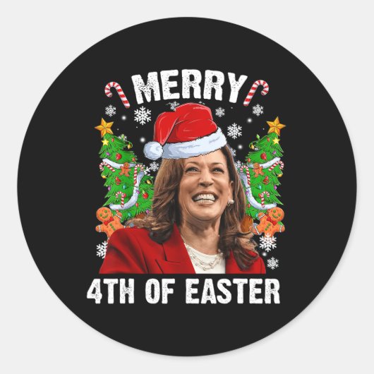 Sticker Rond Funny Kamala Harris Noël Santa Hat Joyeux 4e (Devant)