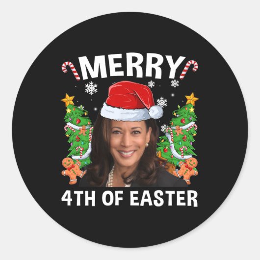 Sticker Rond Funny Kamala Harris Noël Santa Hat Joyeux 4e (Devant)