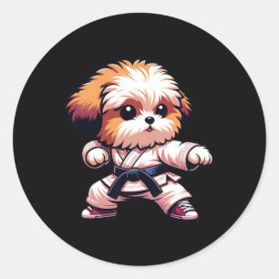 Sticker Rond Funny Karate Bolonka Chien Humour Arts Martiaux Fu