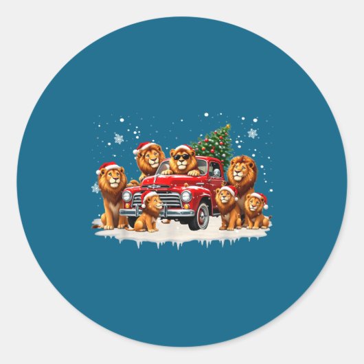 Sticker Rond Funny Lion Riding Christmas Tree Truck Christmas  (Devant)