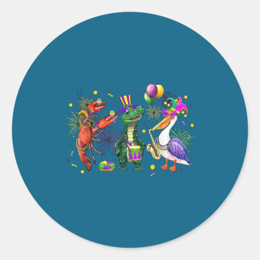 Sticker Rond Funny Mardi Gras 2026 Crocodile Crawfish Pelican N (Devant)