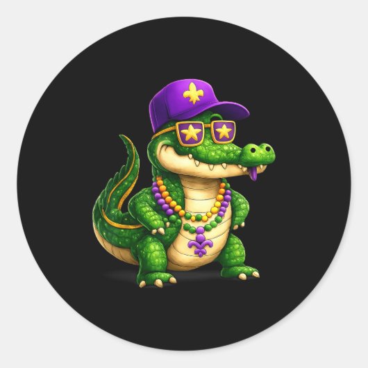 Sticker Rond Funny Mardi Gras Alligator Beads Carnival Celebrat (Devant)