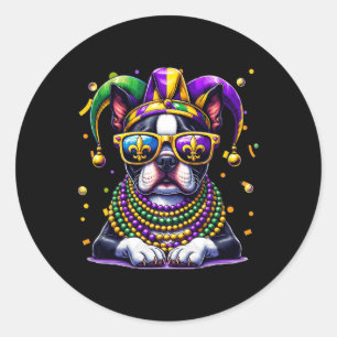 Sticker Rond Funny Mardi Gras Bead Boston Terrier Dog Festival