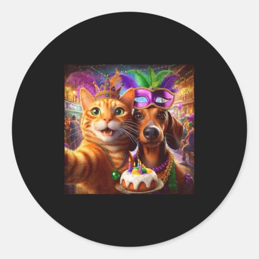 Sticker Rond Funny Mardi Gras Cat Dachshund Selfie Squad  (Devant)