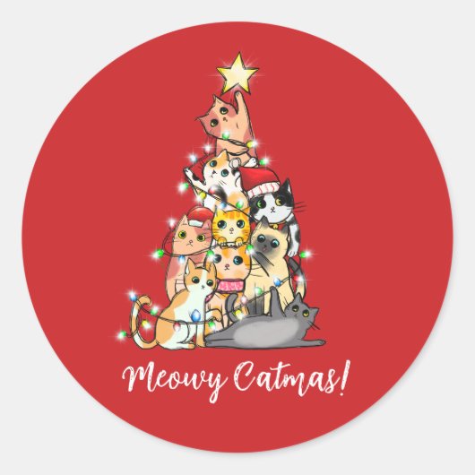 Sticker Rond Funny Meowy Catmas Chats Noël Arbre (Devant)