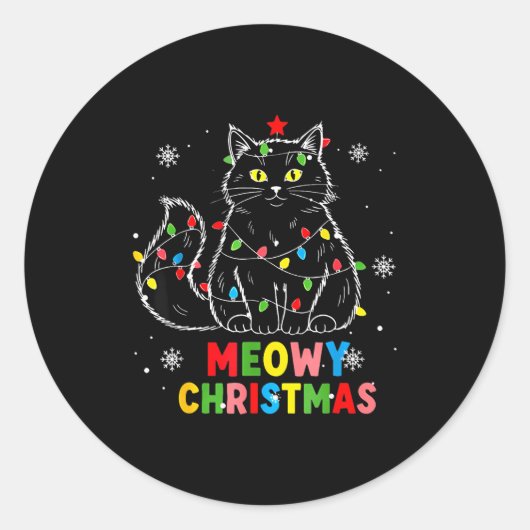 Sticker Rond Funny Meowy Christmas Xmas Lights Black Cat Pajama (Devant)