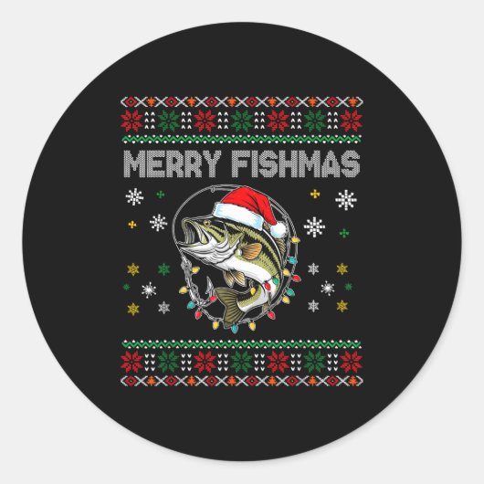 Sticker Rond Funny Merry Fishmas B Fishing Christmas Ugly Sweat (Devant)